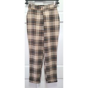 Nasty Gal Women's Tartan Checkered Plaid Brown/Tan Polyester Trousers - Size 2